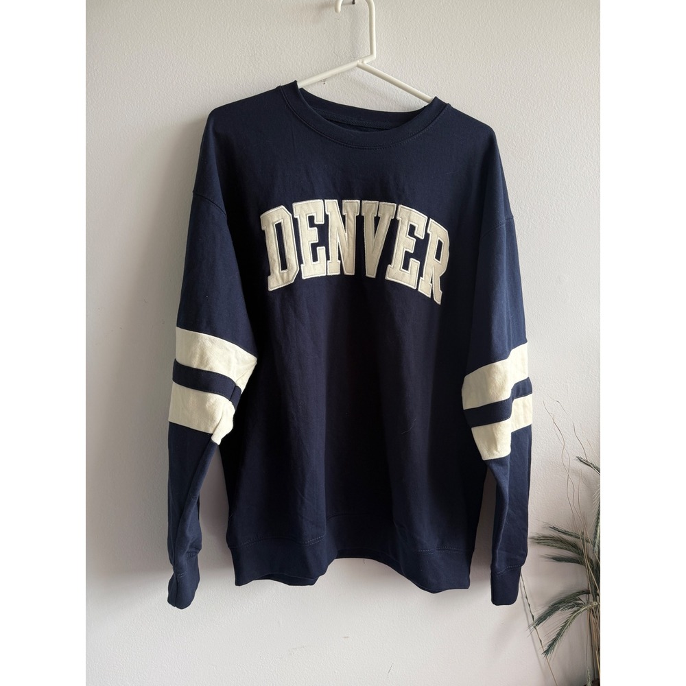 New York Popular Denver Crewneck Sweatshirt XL Navy Blue White Varsity Stripe